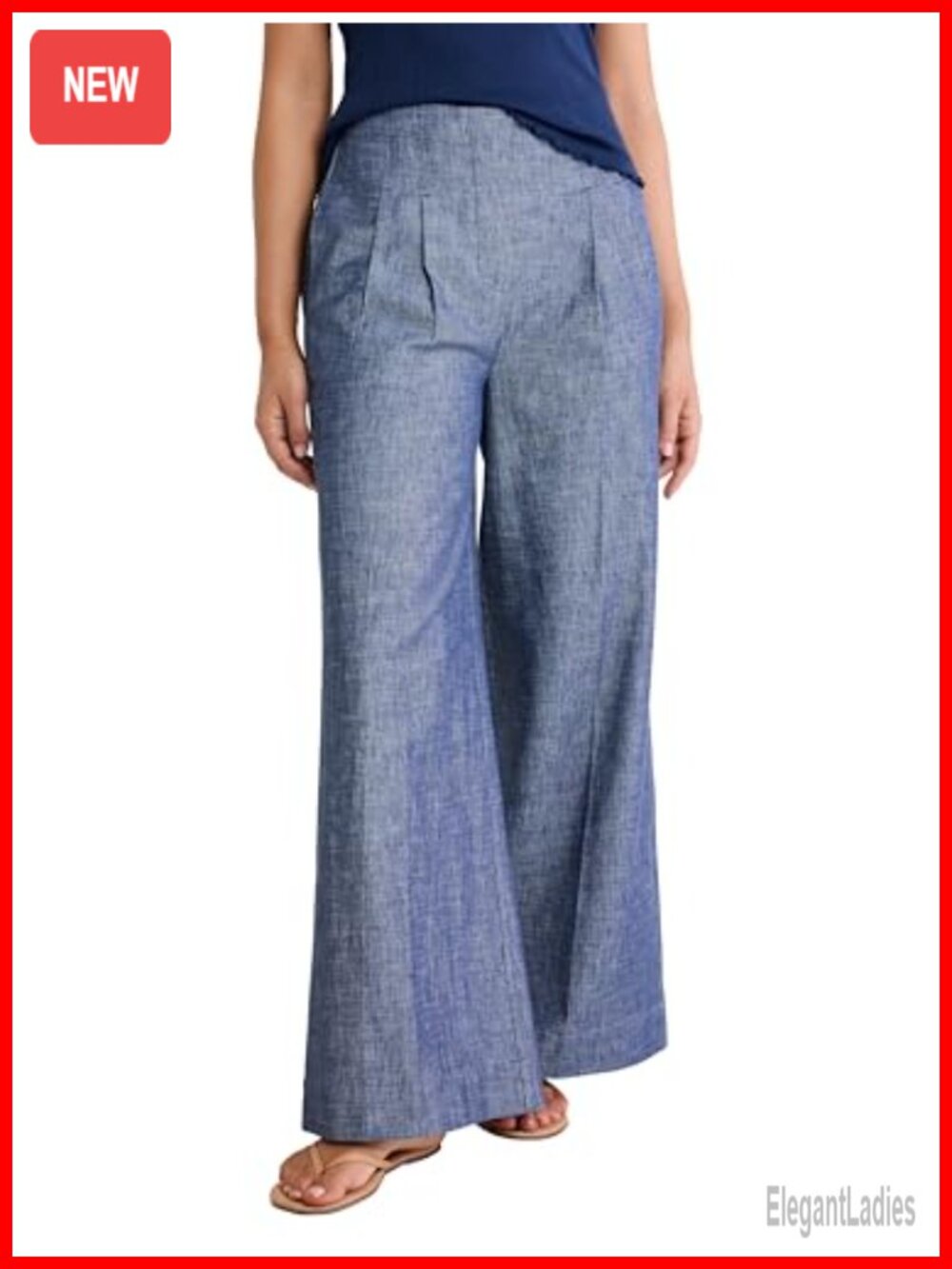 NIC+Zoe Ellis Chambray Cotton Linen Wide Leg Ankle Trouser Pleated Pull On